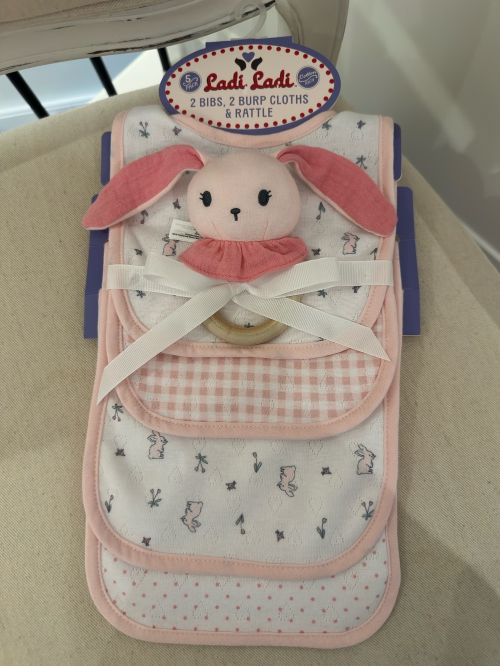 Adorable Pink Bunny Baby Bib, Rattle & Burp Cloth 5 Piece Gift Set NWT